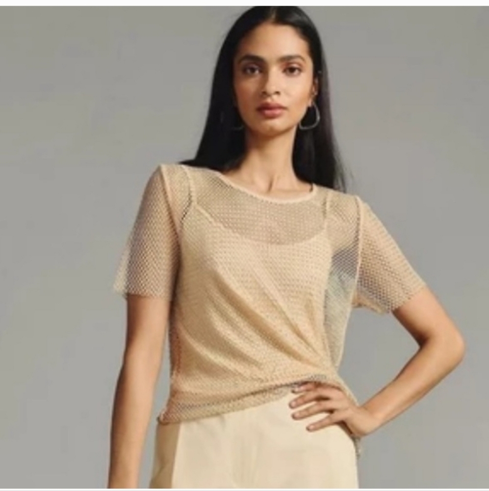 Sunday In Brooklyn Anthropologie Light Peach/Beige Elegant Mesh Rhinestone Top
